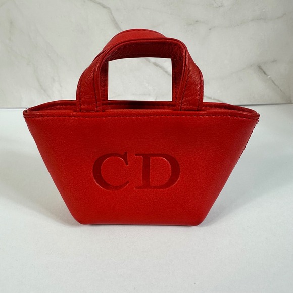Christian Dior Red Leather Micro Tote Bag CD Logo Charm Handbag - Picture 1 of 13